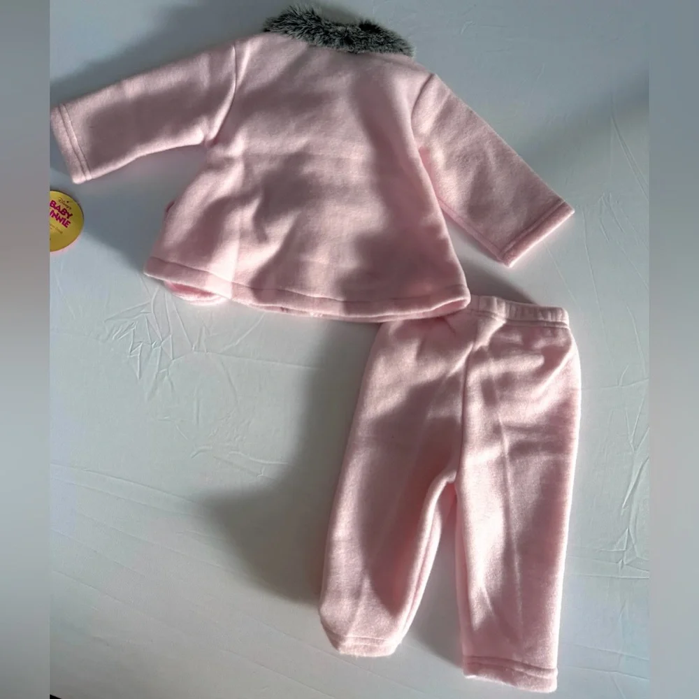 Vintage Y2K‎ Disney Baby Mickey Minnie Pink Fleece Set Faux Fur Coat Pants 12M